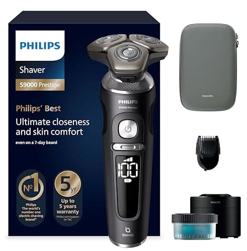 Image of Philips Shaver Series 9000 Prestige, Wet and Dry Electric Shaver, Black Matte, Razor with Lift & Cut Shaving System, SkinIQ Technology, Beard Styler, Cleaning Pod, Premium Pouch, Model SP9840/31