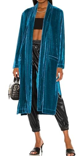 Image of R.Vivimos Autumn Winter Velvet Jackets for Women Long Sleeve Loose Fit Warm Jacket Casual Long Cardigan with Side Split(Large,Seablue)