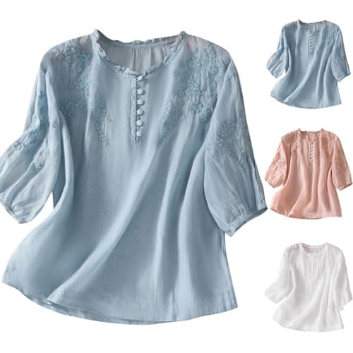 Image of Boho Embroidered Tops for Women UK Casual Cotton Linen Blouses Summer Short Sleeve Bohemian Shirts Clothing Ladies Solid Color Elegant Comfy Casual Work Tops Vintage Ladies Blouses