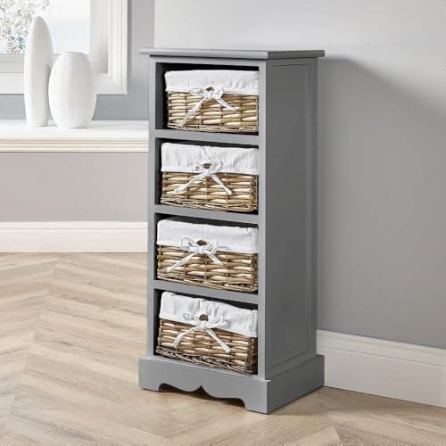 Image of Home Source Bedroom Wooden Storage Unit, Woven Willow Wicker Baskets, 4 Drawer Cabinet Chest, Grey