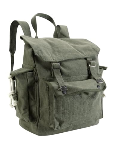 Image of Vintage Canvas Backpack Webbing Rucksack 100% Cotton Army Style Satchel with Side Pockets - Work Travel School Bag - Olive