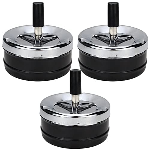 Image of ZDNT 3PCS Ashtray Round Push Down Cigarette Ashtray with Tray Spinning Ashless Modern Rotating Metal Cigarette Ash Tray Large for Outdoor Home Bar Office Christmas (Black)
