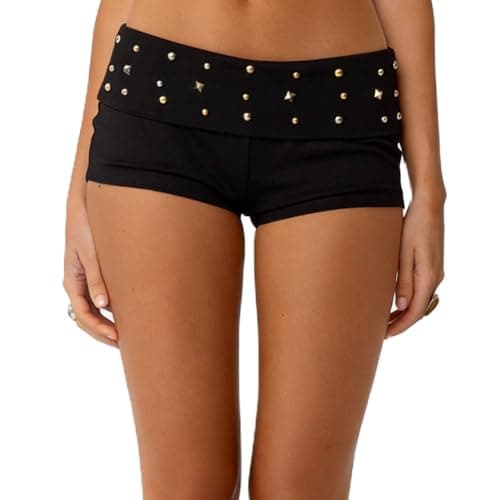 Image of SANSIWU Women's Rivet Studded Fold Over Waistband Hot Pants Y2K Low Rise Stretchy Micro Shorts for Festival Punk Wear (A-Black, L)