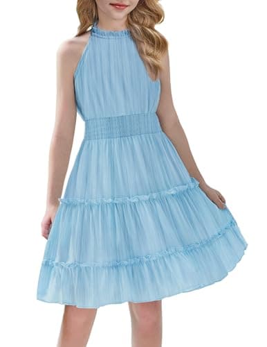 Image of Arshiner Dress for Girls Chiffon Halter Neck A-Line Dresses Sleeveless Festive Midi Dresses Children Casual Party Birthday Dress Blue Girls Summer Clothing 12-13 Years