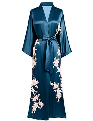 Image of BABEYOND Kimono Dressing Gown Floral Printed Kimono Robe Long Satin Kimono Dress Cover Up for Women Wedding Pyjamas Party 135cm/53inches (Darkgreen)