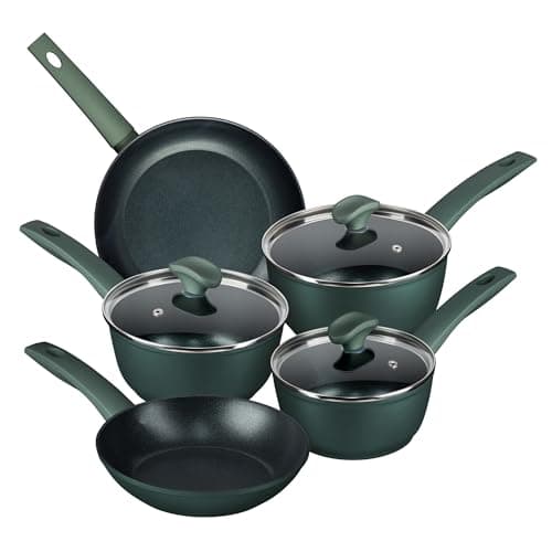 Image of Prestige Earth Friendly Non-Stick Induction Saucepan & Frying Pan Set with Lids – 5 Piece, Non-Toxic, Recycled Aluminium, Made in Italy, Green