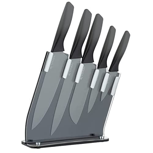 Image of Viners Twilight Knife Block Gift Box Set of 6-Piece, 5 Kitchen Knives and Acrylic Knife Holder, Chef, Bread, Carving, Utility and Paring Knives, Grey, Stainless Steel, 0305.222
