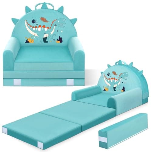 Image of JUOIFIP Dinosaur Kids Sofa Bed, 2-in-1 Kids Folding Chair, 150cm Soft Crystal Velvet Toddlers Sofa Bed for Bedroom Livingroom, Playroom, Birthday Gift for Boys Girls