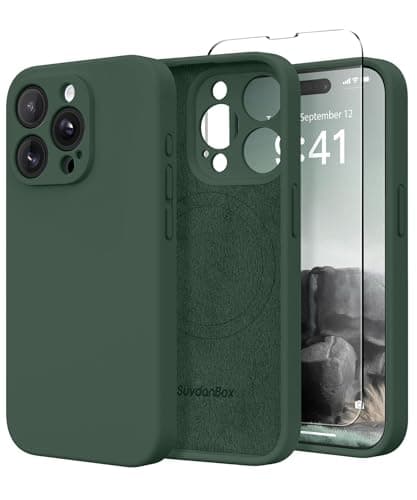 Image of SuydanBox Magnetic for iPhone 15 Pro Case, Compatible with MagSafe, [Full Camera Protection][Screen Protector] Silicone Shockproof Protective Phone Case for iPhone 15 Pro 6.1", Alpine Green