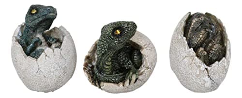Image of Ebros Gift Set of 3 Jurassic Era Predator Velociraptor and Tyrannosaurus Rex Dinosaurs Hatching Out of Eggs Figurines Hatchling Collectible Sculpture for Fossil Lovers Prehistoric Fans