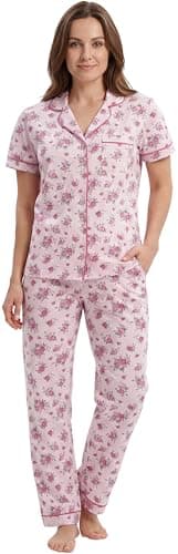 Image of iceBoo Women’s 100% Cotton Pyjama Set Short Sleeve Button Through Top with Pocket and Full Length Bottoms with Side Pockets Pink Floral Print, WP92 - Size UK adult 14/16