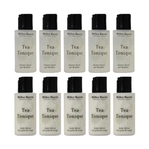 Image of 10PC Miller Harris Tea Tonique Travel Set: 5 x 50ml Body Lotion & 5 x 50ml Shower Wash.