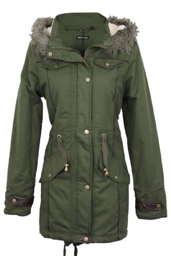 Image of Brave Soul Allure Ladies Faux Fur Parka Coat - Khaki Green -Medium - 12