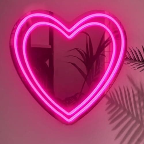 Image of KADAFAGO Double Heart Neon Sign Pink LED Mirror Neon Wall Decor Romantic Lighting for Wedding Decoration, Makeup Mirror, Home Decor and Wedding Birthday Party Decorations