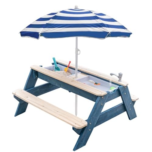 Image of K LUCKIDS Kids 3-in-1 Sand & Water Activity Table, Wood Outdoor Convertible Picnic Table with Umbrella, 2 Play Boxes, Removable Top, Faucet Table Outdoor (Blue/Navy)