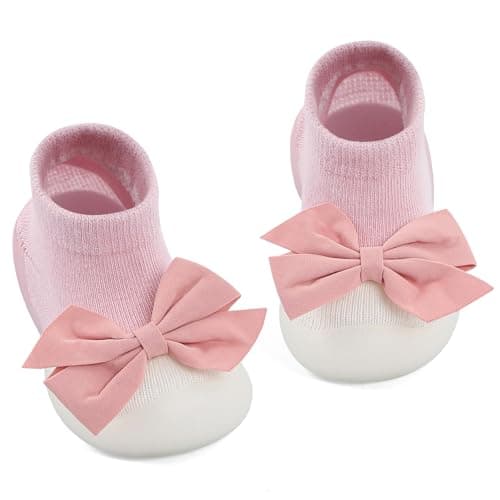 Image of MK MATT KEELY Baby Girl Shoes with Bow Toddlers Sock Shoes Baby Barefoot Trainers Anti Slip Pre Walkers Shoes,Pink,6-9 Months