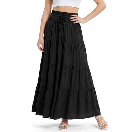 Image of Alaoo Long Skirts for Women, Flowy Elasticated Waist Pleated A Line Skirts With Drawstring, Casual Comfy Boho Women 2in 1 Skirt High Waist Maxi Skirt for Beach Daily Travel Vacation, Black