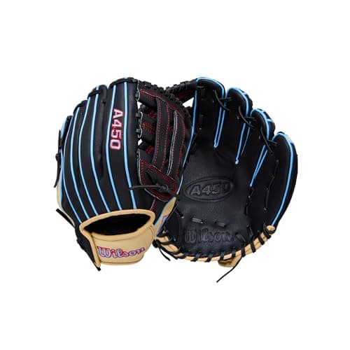 Image of Wilson A450 Baseball Gloves Glove, Black/Cool Blue/Red, 11 Inches