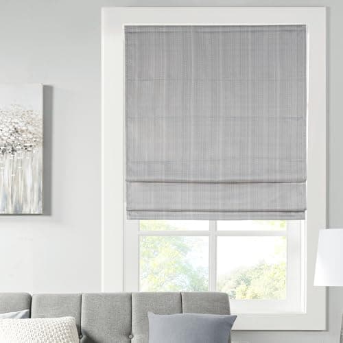 Image of Madison Park Galen Cordless Roman Shades - Fabric Privacy Single Panel Darkening, Energy Efficient, Thermal Insulated Window Blind Treatment, for Bedroom, Living Room Decor, 27" x 64", Grey