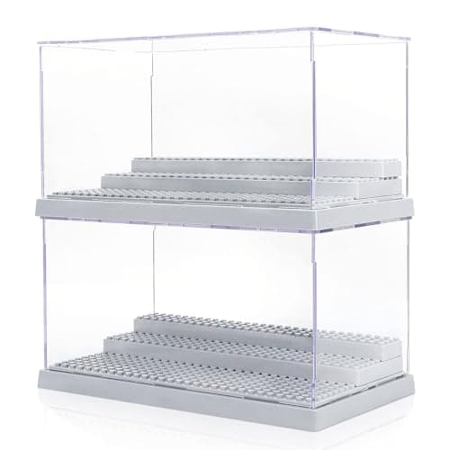 Image of Mlikero 2 Pack Minifigure Display Case for Action Figures Blocks, Clear Dustproof Display Storage Box with 3 Movable Steps Gifts for Children Minifigures Collectors (Grey)