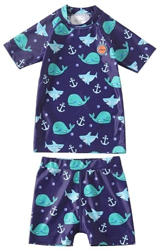 Image of Swimbubs Toddler Rash Guard Swim Set – Baby Swimwear Set with Short Sleeve Rash Vest & Swim Shorts, Kids Swimsuit Outfit for Beach, Pool & Holidays (2-3 Years, Blue Whale)