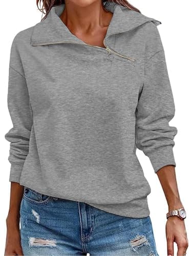 Image of Cuptacc Sweatshirts for Women Jumpers Ladies Tops Long Sleeve Quarter Zip Jumper Stand Up Lapel Collar Thermal Pullover Dark Gray, Large L 16-18