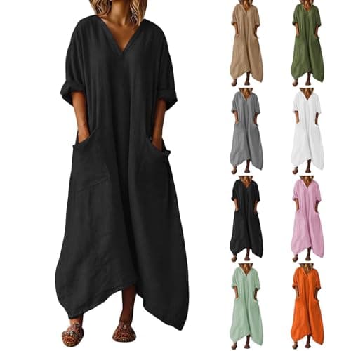 Image of Maxi Summer Dresses for Women UK Elegant Italian Linen Dress Long Sleeve Baggy Dresses Solid Color Crewneck Casual Dress Oversized A-line Swing Sundress Beach Holiday Long Sundresses with Pockets
