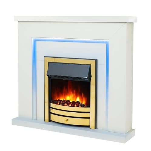 Image of Endeavour Fires Bempton 42" Electric Fireplace Suite with Flame Effect & Coal Bed, Remote Control, Custom Surround, 13-Colour LED Lighting, Eco Heater, White Top/White Hearth/Brass Fire