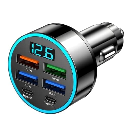 Image of USB C Car Charger 6 Ports 45W Super Fast Cigarette Lighter USB Charger with LED Voltmeter Fast Charging Socket Adapter for iPhone Android Samsung Galaxy iPad