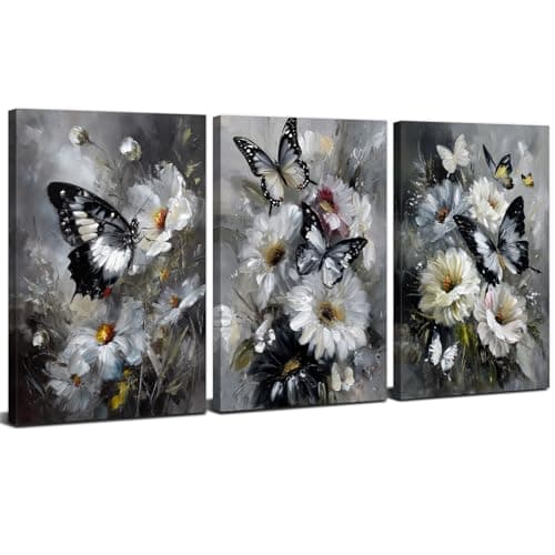 Image of Black and White Butterfly Wall Art Abstract Flower Canvas Pictures for Living Room Vintage Floral Grey Painting Prints Nature Botanical Landscape Canvas Artwork for Bedroom Home Decorations 12x16"
