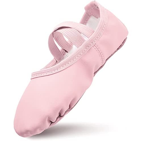 Image of Ballet Shoes Girls Leather Ballet Dance Slippers Full Sole Dance Flats Thickened Cotton Lining Ballerina Shoes with Cross Elastic Straps for Toddlers Kids Pink