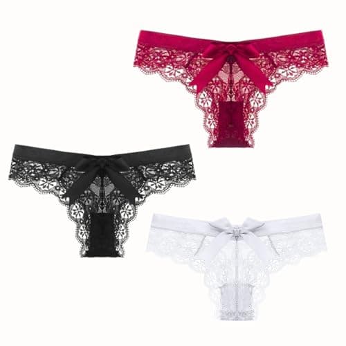Image of Women’s Sexy Lace Panties Bowknot Thongs Ladies Underwear Cheeky Tanga Low Rise Floral Lace Knicker See Through Hipster Bikini Briefs G-String (UK, Alpha, M, Regular, Regular, Black+White+Burgundy)