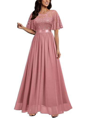 Image of MIUSOL Women's Elegant Flutter Sleeves Lace Sequin Prom Bridesmaids Party Gown Formal Maxi Dress (X-Large, Dusty Pink)