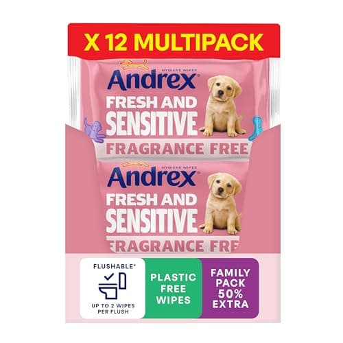 Image of Andrex® Fresh and Sensitive Mega Pack Hygiene Wipes, 12 Packs, Fragrance Free Flushable Toilet Tissue Wet Wipes-Biodegradable and Plastic-Free - Use with Regular Toilet Roll for a Shower Fresh Clean