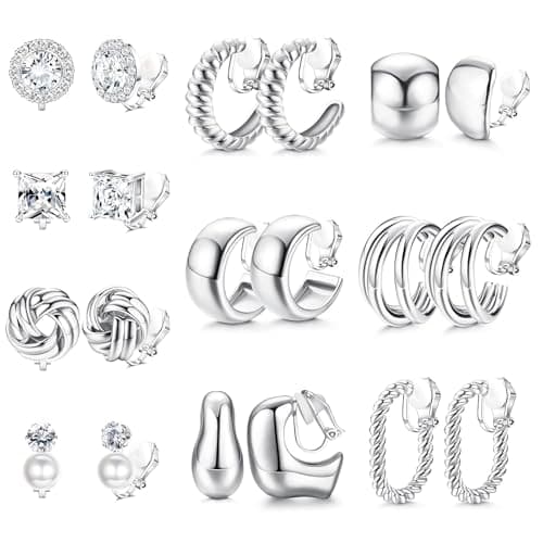 Image of Morfetto Clip On Earrings for Women Girls - 10 Pairs Chunky Silver Hoop Clip On Stud Earrings - Hypoallergenic Pearl Statement Twist Non Pierced Fake Earring Set