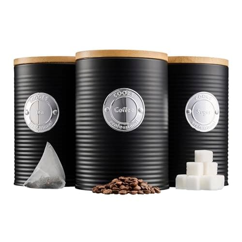 Image of Cooks Professional 3 Piece Ribbed Tea, Coffee, & Sugar Cannisters with Air-Tight Bamboo Lids | Stainless Steel Kitchen Storage Bin Set | Modern & Stylish | Black & Silver