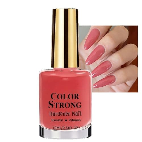 Image of Coral Pink Nail Polish, 2-in-1 Colour Strong Nail Hardener Varnish with Keratin & Vitamin, Quick Drying High Gloss Nail Strengthener Polish for Weak Brittle Nails, No UV Lamp Needed, 10ml