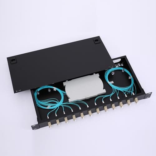 Image of LC-OM3 12 Duplex 24 Port Fiber Enclosure Box - 1 RU Rack Mount Multimode LC-UPC Kit for 19" Racks - Includes Splice Trays, OM3 Pigtails Fiber Optic Cables, and LGX Loaded Patch Panel