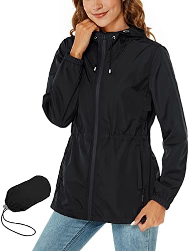 Image of Rapbin Rain Coats for Women Waterproof Raincoat Hooded Quick Dry Rain Jacket Lightweight Windbreaker Raincoats Outdoor Trench Coats Black S