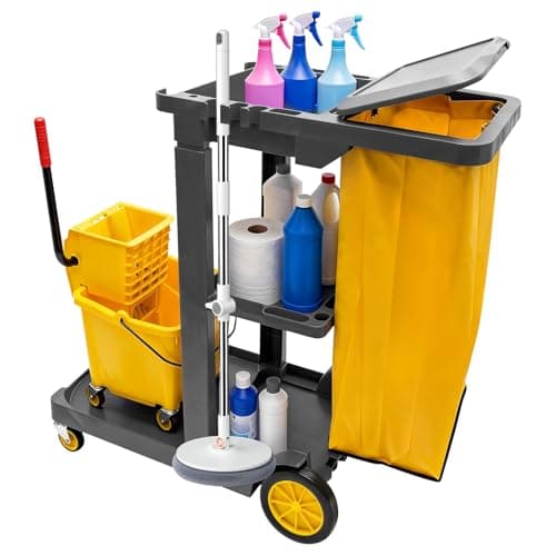 Image of Cleaning Trolley on Wheels, 3 Tier Commercial Cleaning Cart, with Removable Waste Bag & Tool Holders, Janitorial Trolley for Hotel, Shopping Mall, Office, Restaurant