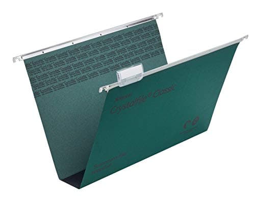 Image of Rexel Foolscap Suspension Files with Tabs and Inserts for Filing Cabinets, 50 mm base, 100 Percent Recycled Manilla, Green, Crystalfile Classic, Pack of 50, 71750