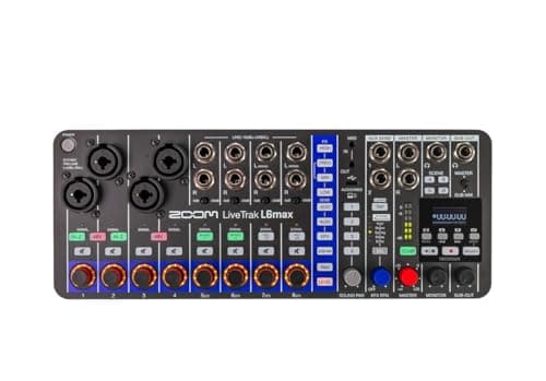 Image of ZOOM LiveTrak L-6max portable 12-track digital mixer, multi-track recorder and audio interface for bands, live streaming & studio, 32-bit, XLR-TRS, AI noise reduction, OLED, effects, UK-Version