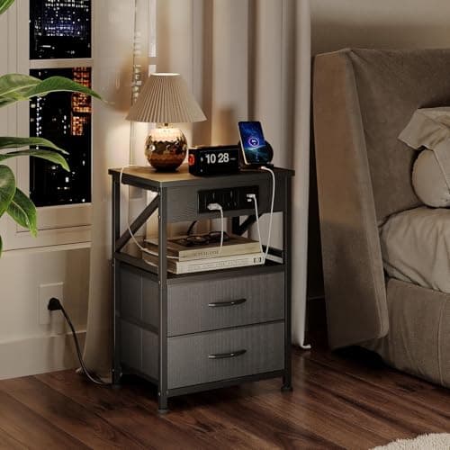 Image of Flrrtenv Bedside Table with Power Strip, Bedside Cabinet with 2 Drawers, Bed Side Table for Bedroom, Night Stand, 2 AC Outlets, & 2 USB Ports, Side Table with Metal Frame, Grey Oak