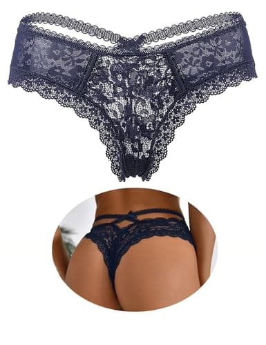 Image of ohyeahlady Plus Size Sexy French Knickers Women High Waisted Lace Thongs Cheeky Panties Sheer Brazilian Knickers Hipster Underwear 1 Pack Blue Size UK 20 22