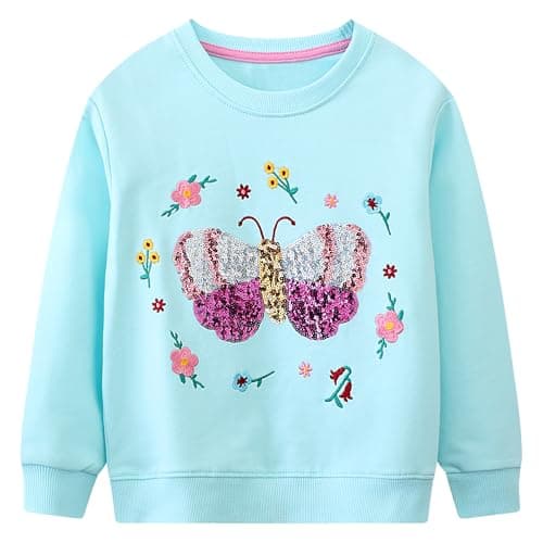 Image of Baogaier Girls Sweatshirt Jumper Cotton Long Sleeve T Shirts Crew Neck Casual Loose Kids Clothes Blue Sequin Butterfly Soft Breathable Toddler Pattern Pullover Tops Age 4-5 Years