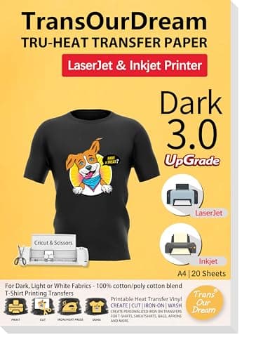 Image of TransOurDream Tru-Tshirt Transfer Paper Upgraded 3.0 20 Sheets A4 for Inkjet&Laser Printer Iron on Transfers for Dark Fabric Heat Transfer Paper Black T-Shirts Textiles Printable Vinyl(Trans-03-20)