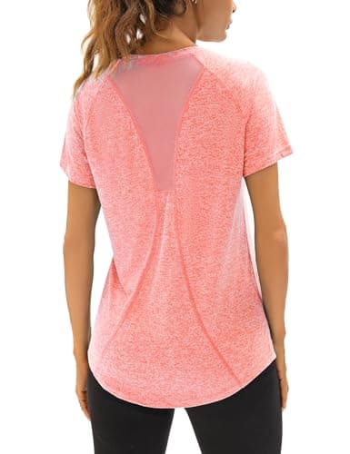 Image of Wayleb Womens Sports Top Gym Shirts V Neck Yoga Running Tops Back Mesh Ladies Loose Quick Dry Short Sleeve T-Shirts Pink