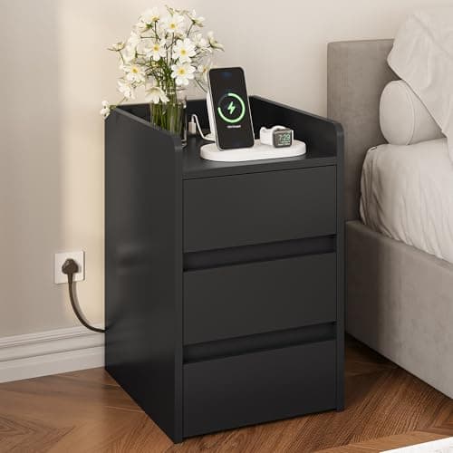 Image of YITAHOME Bedside Table with 3 Drawers and Power Station, Modern Nightstand End Table, Water-Resistant Storage Side Table for Living Room and Bedroom, 35 x 40 x 59cm (Black)