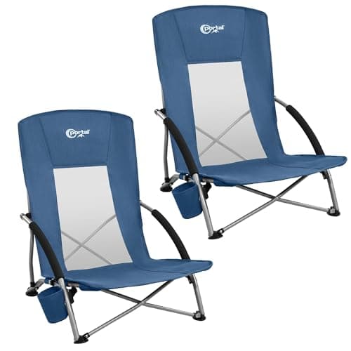 Image of Portal Beach Chairs for Adults 2 Pack High Back Low Folding Camping Chair Portable Lightweight with Cup Holder for Travel, Concert, Lawn, Festival, Support 400lbs