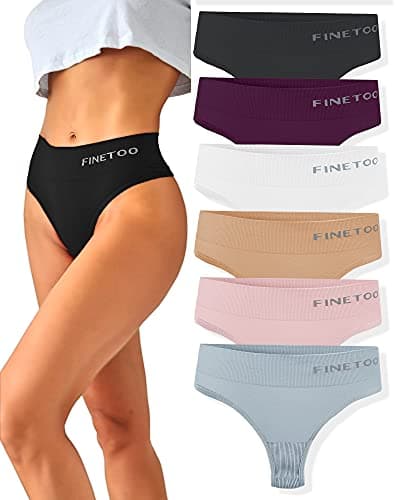 Image of FINETOO 6-Pack String Thongs Ladies Tummy Control Thongs Set Breathable Thong Women Underpants High Waist Underwear Soft Panties Multipack S-XL